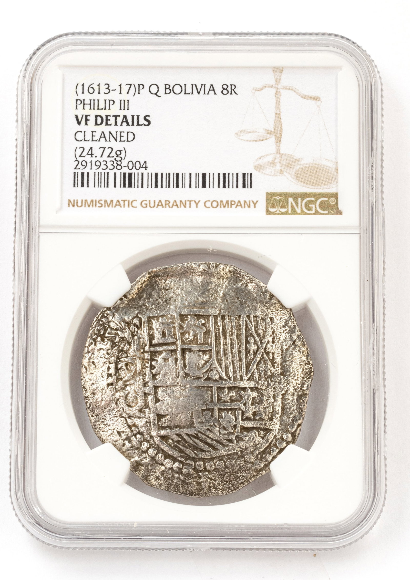 1613-1617 P Q Bolivia Philip III 8 Reales Coin, Dia. 1.5" 24.72g (NGC Graded VF Details) (1 of 2)