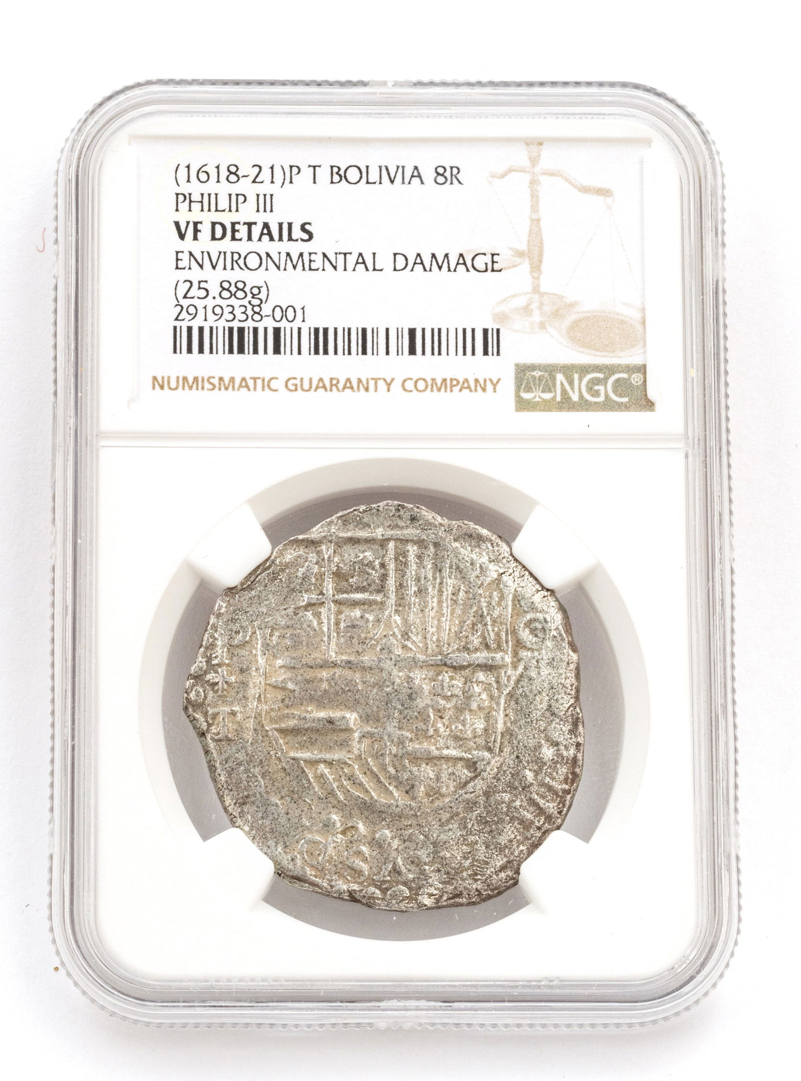 1618-1621 P T Bolivia Philip III 8 Reales Coin, Dia. 1.5" 25.88g (NGC Graded VF Details) (1 of 2)