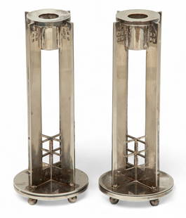 Richard Meier (American) for Swid Powell (American) Postmodernist Silver Plated Candlestick Holders,: Richard Meier (American) for Swid Powell (American) Postmodernist Silver Plated Candlestick Holders, H 9" Dia. 3.5" 1 Pair | Designed by American architect, Richard Meijer (b. 1934) for Swid Powell. M