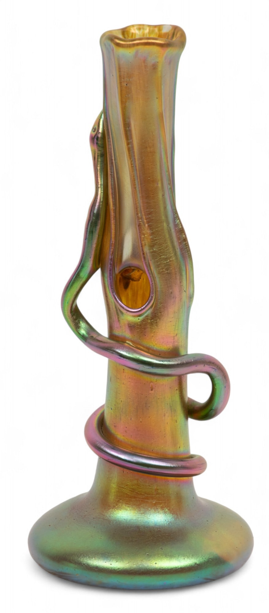 Loetz (Austrian) Silberiris Glass Tree Trunk Vase with Applied Snake, 1899-1900, H 11.5" Dia. 4.75" (1 of 5)