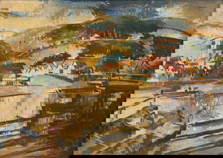 Zoltan Sepeshy (American, 1898-1953) Tempera on Board 1938, "Village on the Danube", H 10" W 14": Zoltan Sepeshy (American, 1898-1953) Tempera on Board 1938, "Village on the Danube", H 10" W 14" | Signed, dated, titled on verso. Signed in the lower right. Original Frame. Very fine. Provenance: Pur