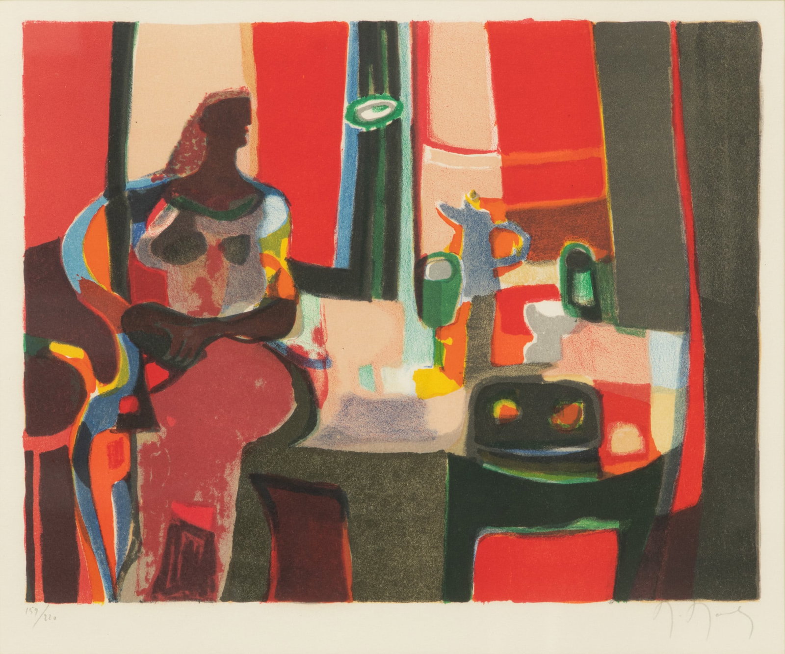 Marcel Mouly (French, 1918-2008) Lithograph in Colors on Wove Paper, "Seated Woman", H 11.7" W 14": Marcel Mouly (French, 1918-2008) Lithograph in Colors on Wove Paper, "Seated Woman", H 11.7" W 14" | Signed in pencil lower right and numbered 159/220 lower left. Image size 11" X 14". Frame measures