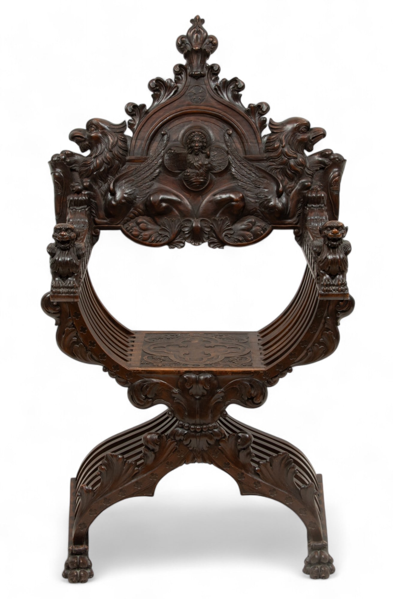 Italian Renaissance Style Carved Walnut Savonarola Chair, Ca. 18th C., H 49" W 29" Depth 22" (1 of 7)
