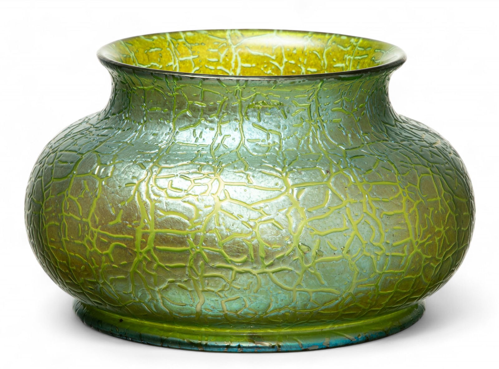 Loetz (Austrian) Mimosa Green Glass with Crete Silberiris Craquele Finish Bowl, 1907, H 5" Dia. 8": Loetz (Austrian) Mimosa Green Glass with Crete Silberiris Craquele Finish Bowl, 1907, H 5" Dia. 8" | the green glass ground having a crete silberiris craquele finish. Unsigned. Loetz produced Mimosa g