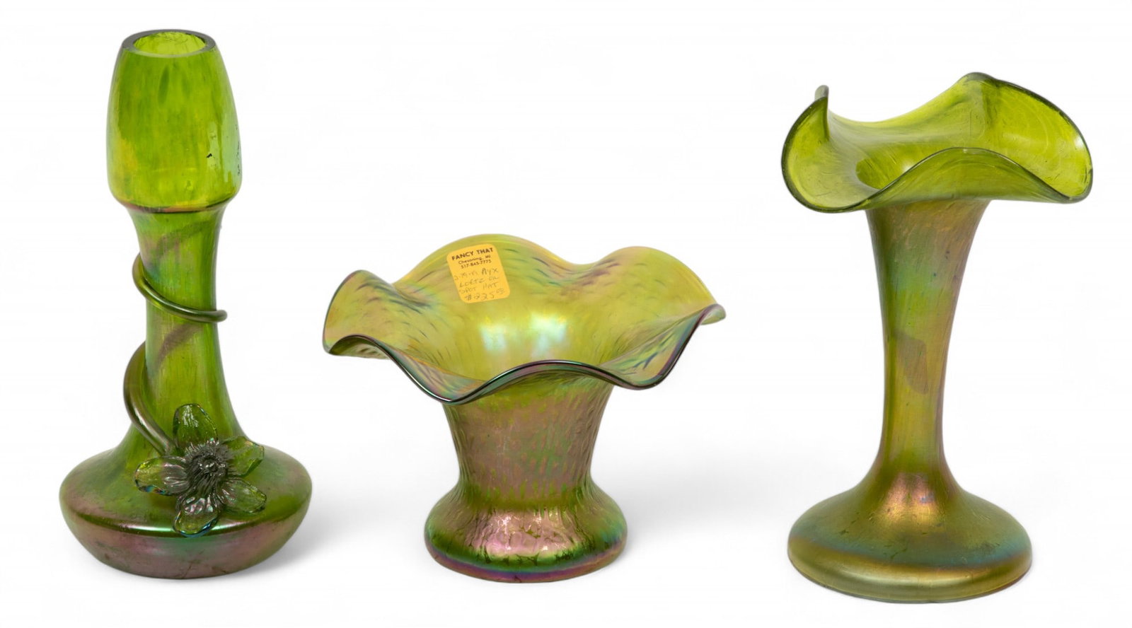Attributed to Loetz (Austrian) Iridized Crete Glass Flower Vases, Ca. 1900, H 7.75" Dia. 3.5" 3 pcs: Attributed to Loetz (Austrian) Iridized Crete Glass Flower Vases, Ca. 1900, H 7.75" Dia. 3.5" 3 pcs | the flower vases offer 'oil spot' iridescence on green crete base glass. the vase with applied flo