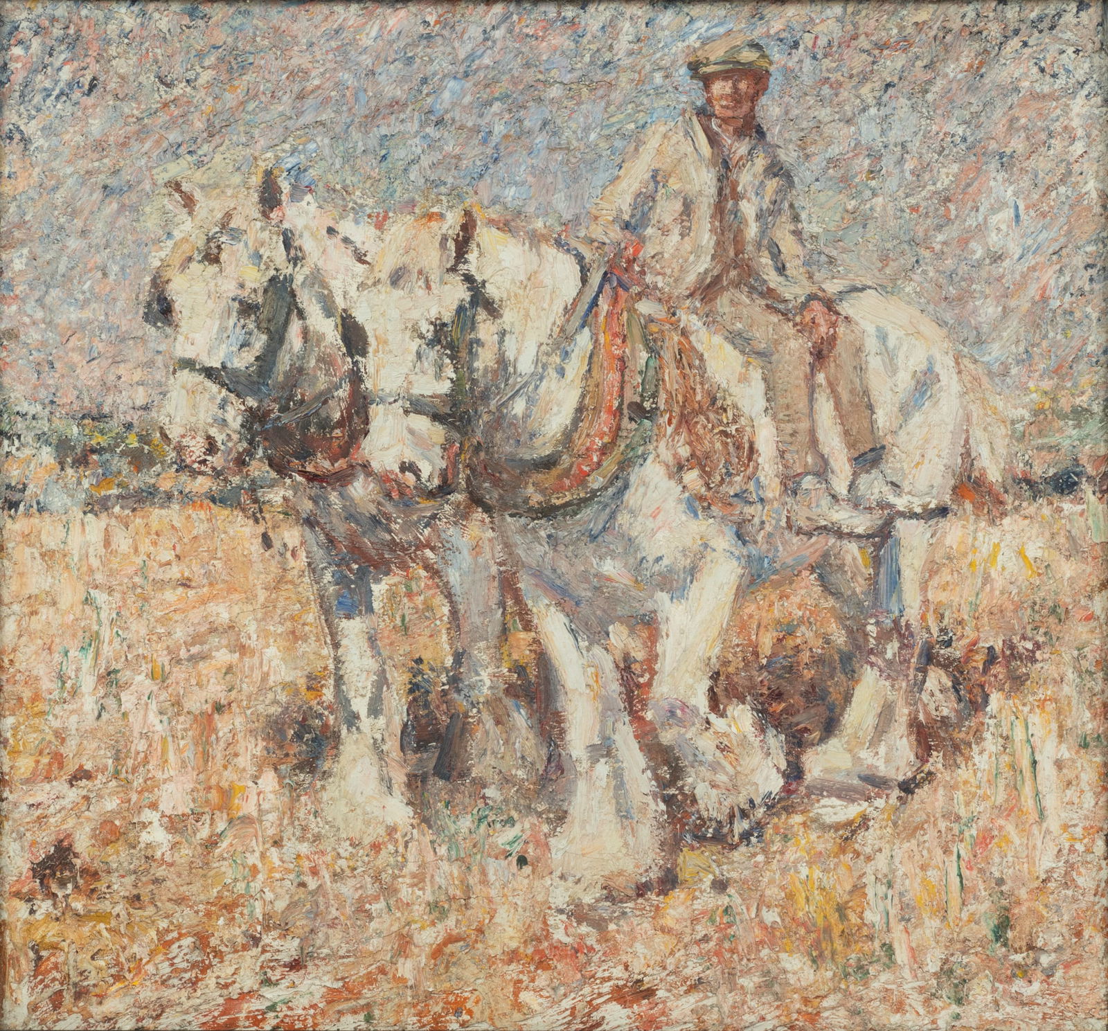 European Oil on Canvas, Ca. 1900-1910, "Farmer Atop Plow Horses", H 15.5" W 16.5" (1 of 4)