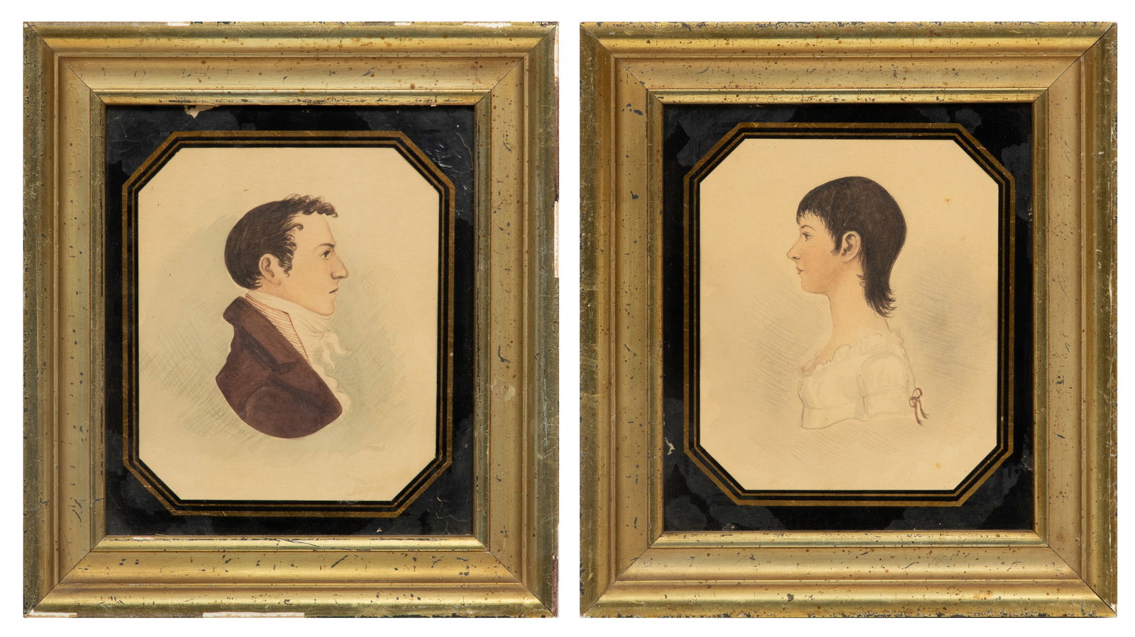 American Watercolor & Ink Silhouette Portraits, Ca. 19th C., H 6" W 5" 1 Pair (1 of 7)