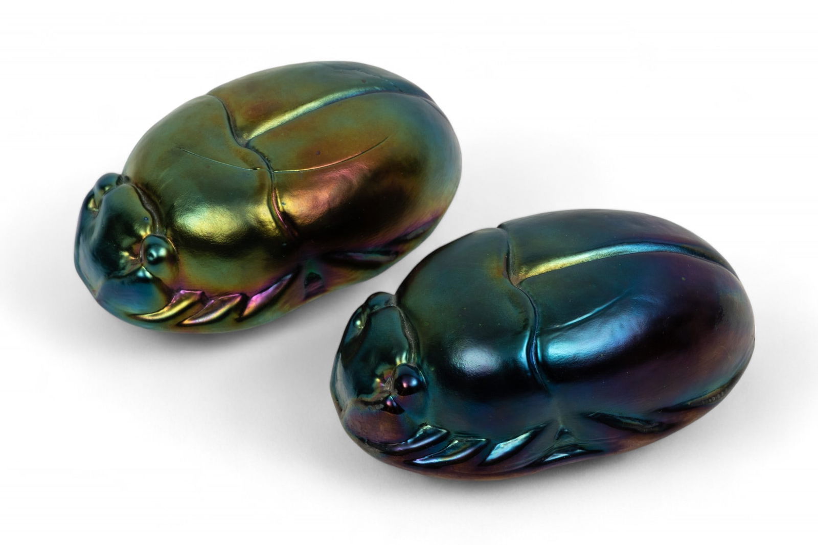 Scarab Beetle Form Iridescent Art Glass Paperweights, H 1.5" W 2.75" Depth 4.75" 1 Pair (1 of 3)