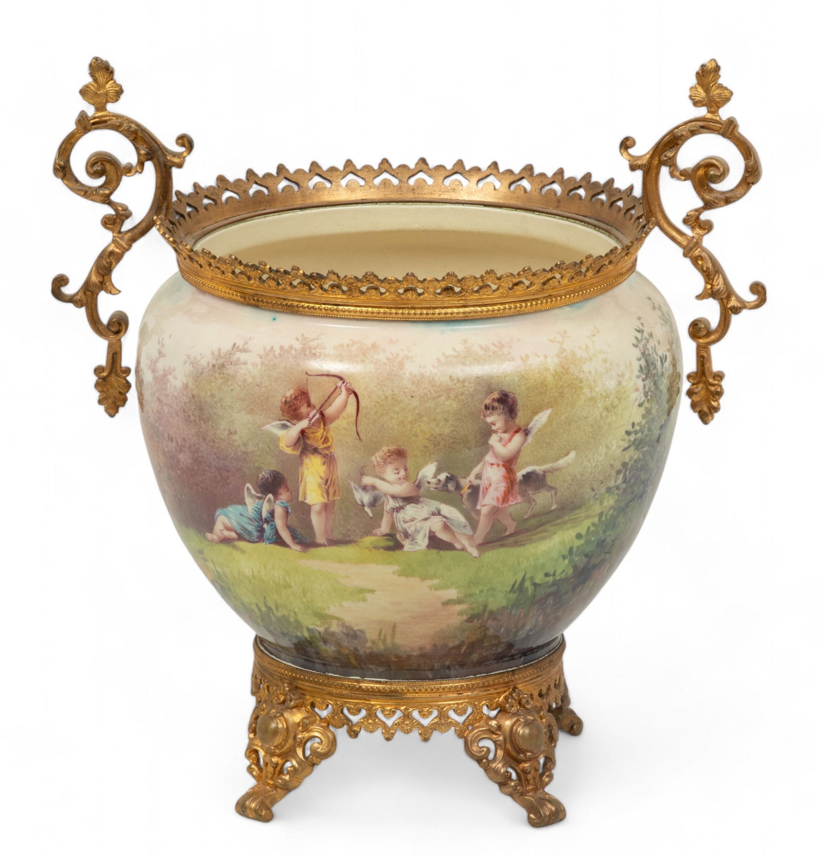 E. Marchand (French) Hand-Painted Stoneware Jardiniere, Bronze Frame, Ca. 19th C., H 13.25" W 12.5" (1 of 5)