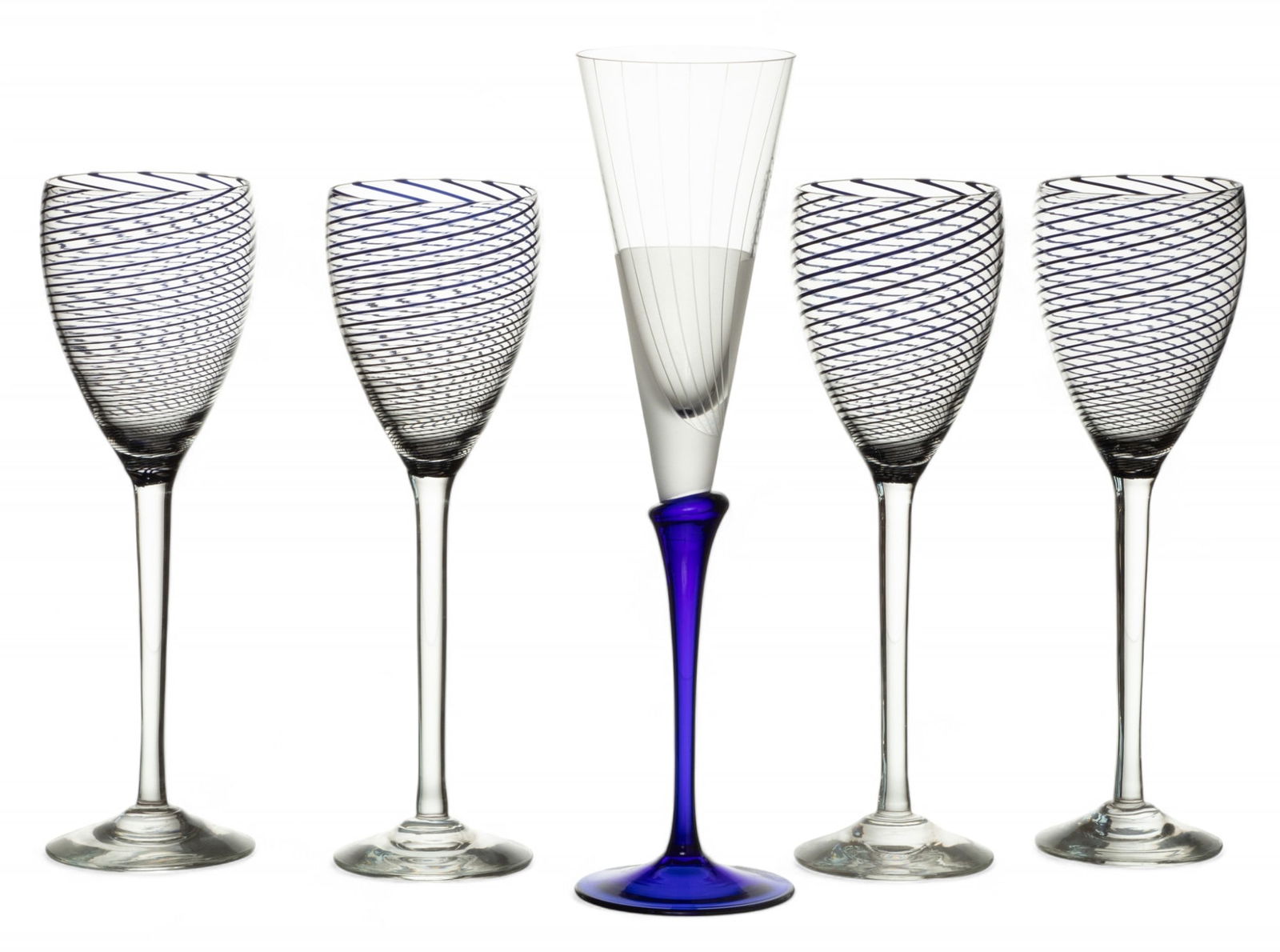 Steven Maslach Blown Glass Spiral Wines (4) + Cobalt Stem Champagne Ca. 1981, 9", 11" 5 pcs (1 of 6)