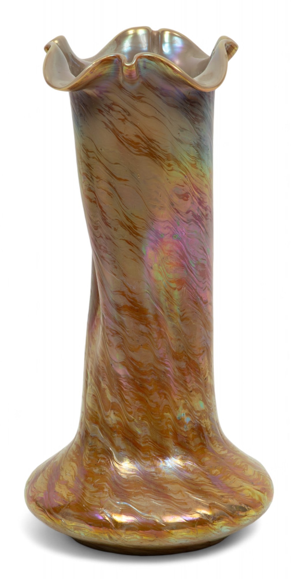 Unsigned Bohemian Iridescent Art Glass Vase, Ca. 1900, H 13" Dia. 6.25" (1 of 6)