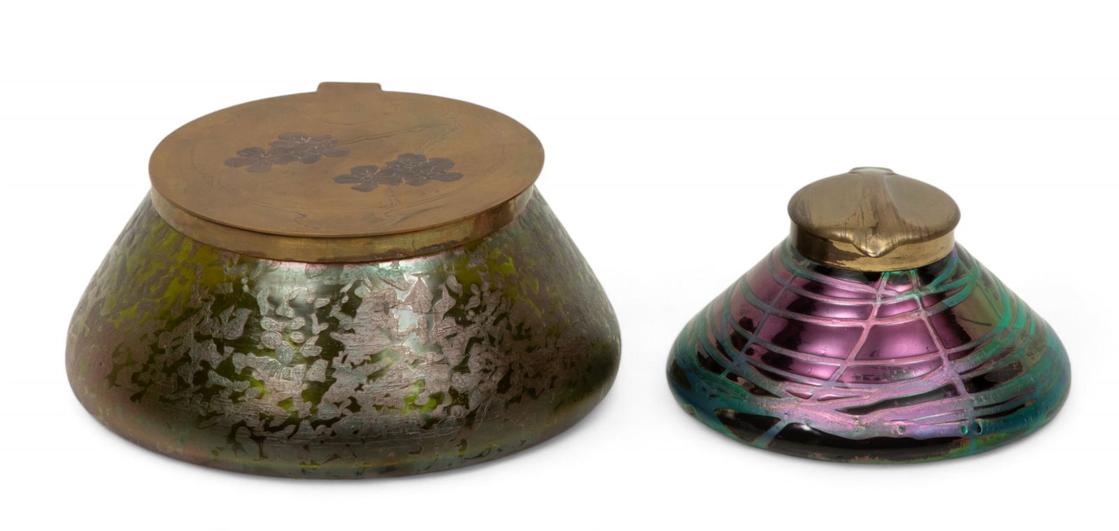 Bohemian Art Nouveau Iridescent Glass Inkwells, Ca. 1900, H 2.75" Dia. 5.5" 2 pcs (1 of 7)