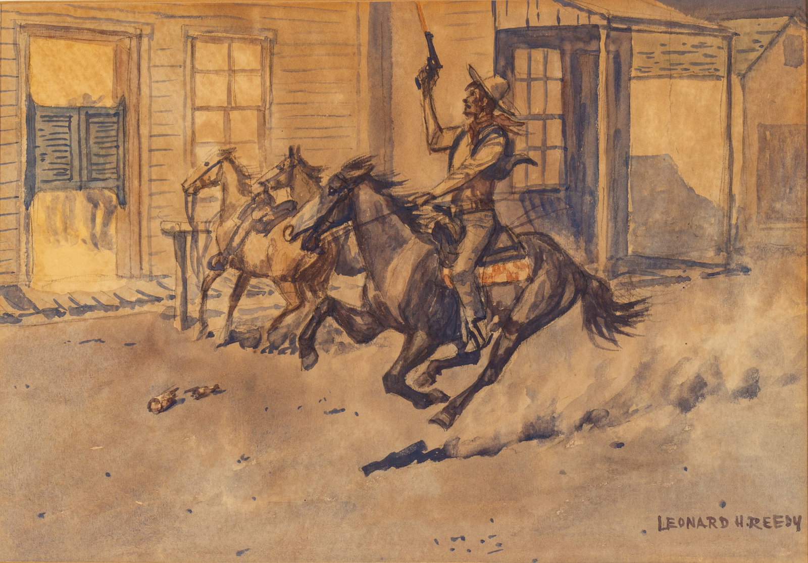 Leonard Howard Reedy (American, 1899-1956) Watercolor And Graphite on Paper, "Celebration, from the: Leonard Howard Reedy (American, 1899-1956) Watercolor And Graphite on Paper, "Celebration, from the Old West", H 8" W 11.6" | Signed in the lower right. Depicting a rider on horseback taking a celebra