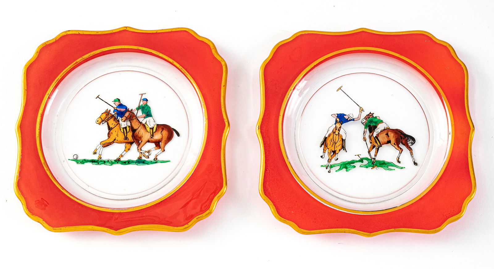 Enamel "Polo" And Gilt Decorated Glass Plates, Ca. 1920, W 7.5" 8 pcs (1 of 2)