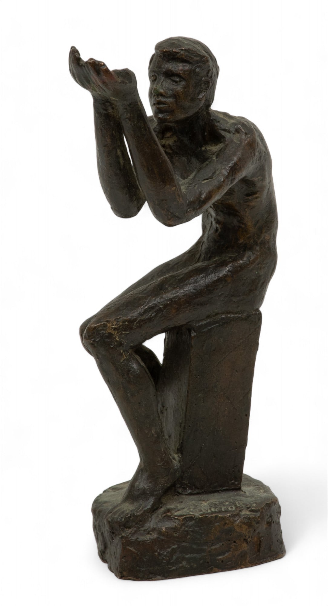Victor Salmones (Mexican, 1937-1989) Bronze Sculpture, "Thirst (Sed)", H 9" W 3" Depth 4.5": Victor Salmones (Mexican, 1937-1989) Bronze Sculpture, "Thirst (Sed)", H 9" W 3" Depth 4.5" | Depicting a seated nude man with cupped hands. Signed to the base.