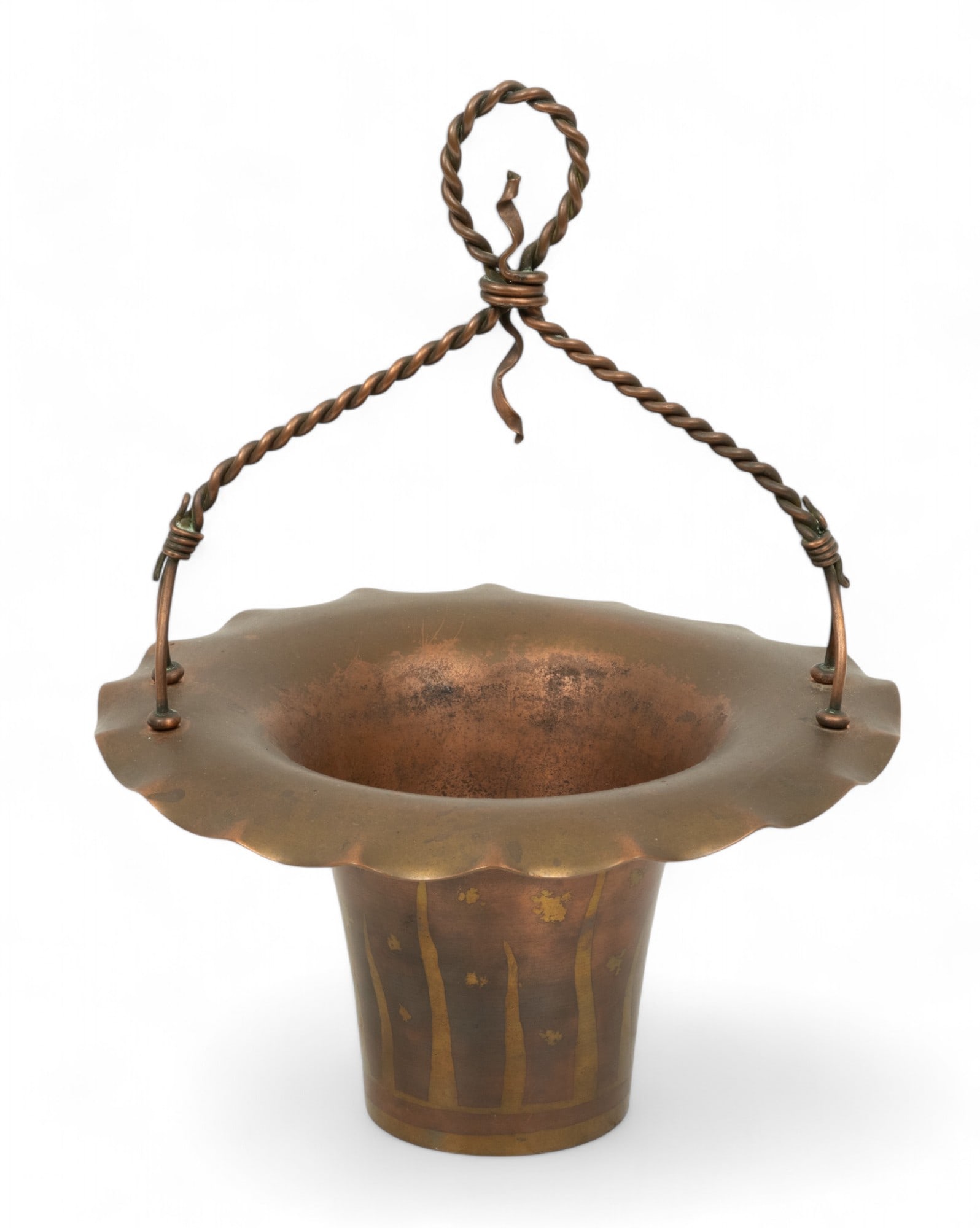 Roycroft (American) Arts & Crafts Movement Hammered Copper Basket, Ca. 1900, H 12" Dia. 9" (1 of 6)
