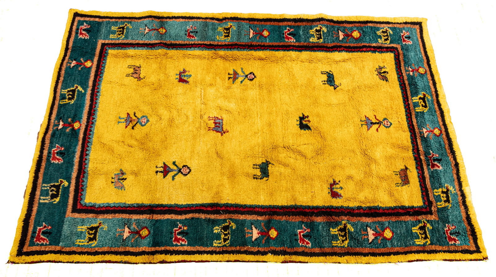 Loose Woven Shag Rug, Yellow with Aqua Border. W 6" L 8" (1 of 6)