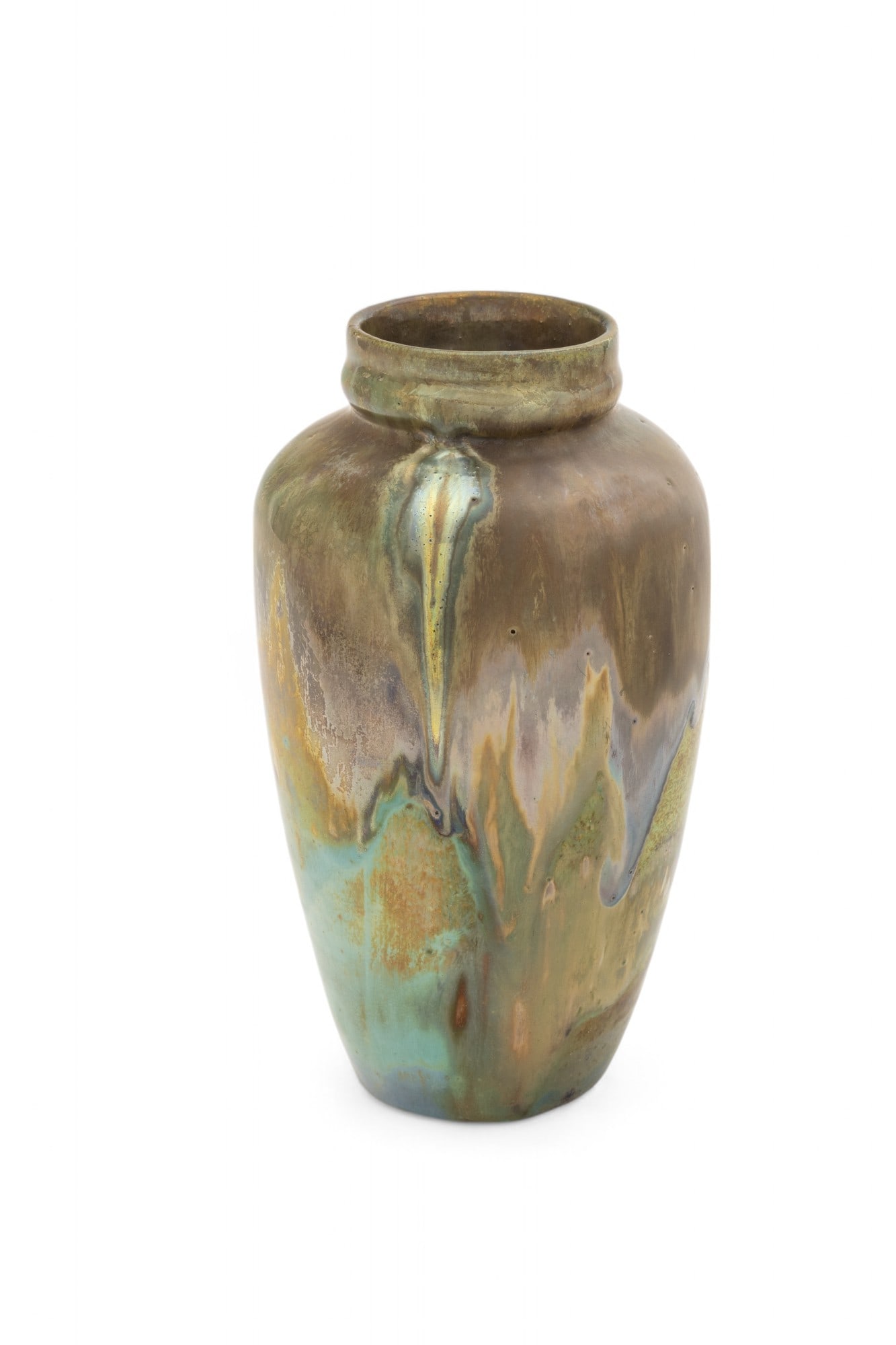 Ira & Ella Peters (fl 1966-1980) for Pewabic Pottery (Detroit) Iridescent Glaze Vase, 1977, H 7.25" (1 of 7)