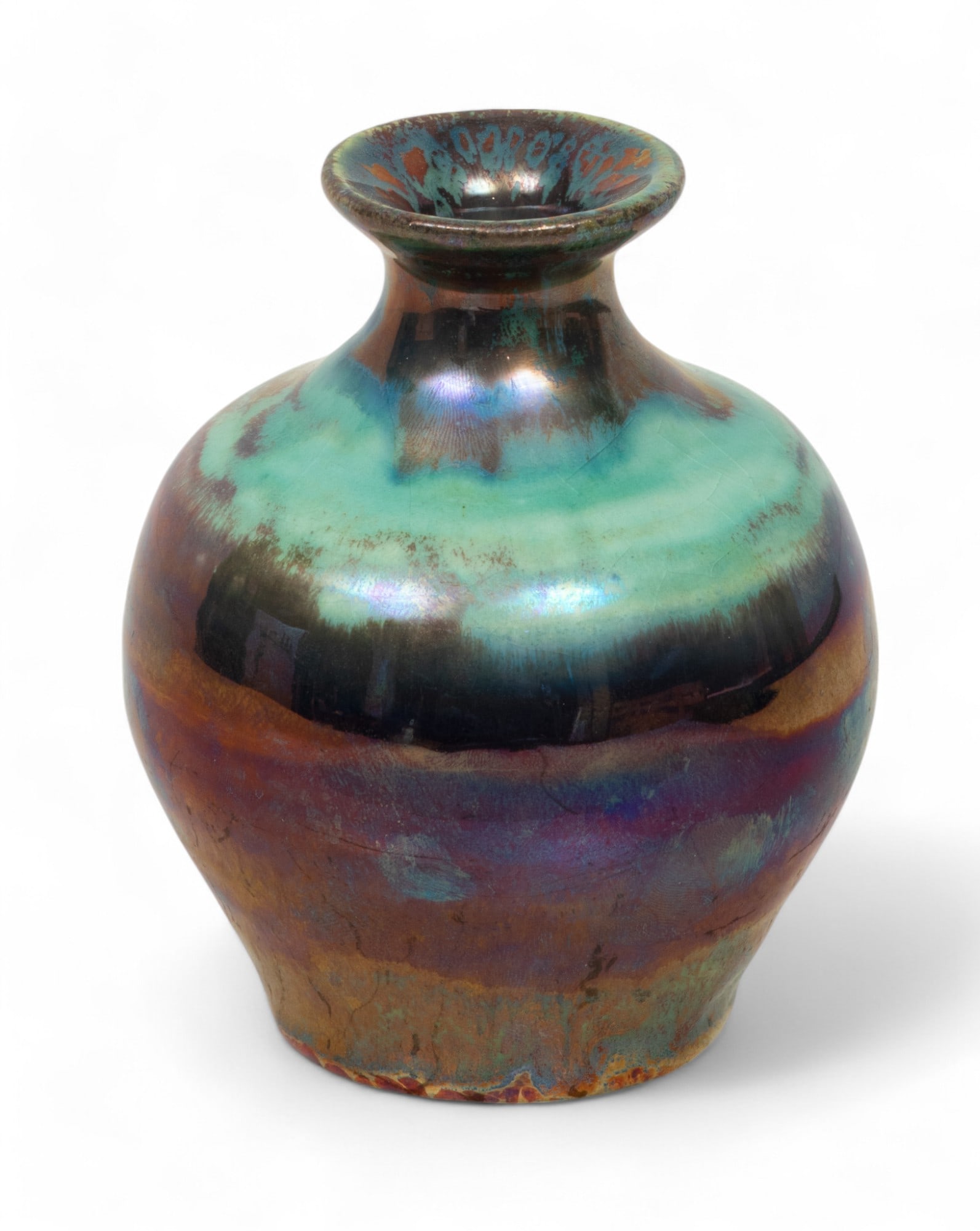 Pewabic Pottery (Detroit) Iridescent Glaze Bud Vase, 1908-1967, H 4.5" Dia. 3.5" (1 of 6)