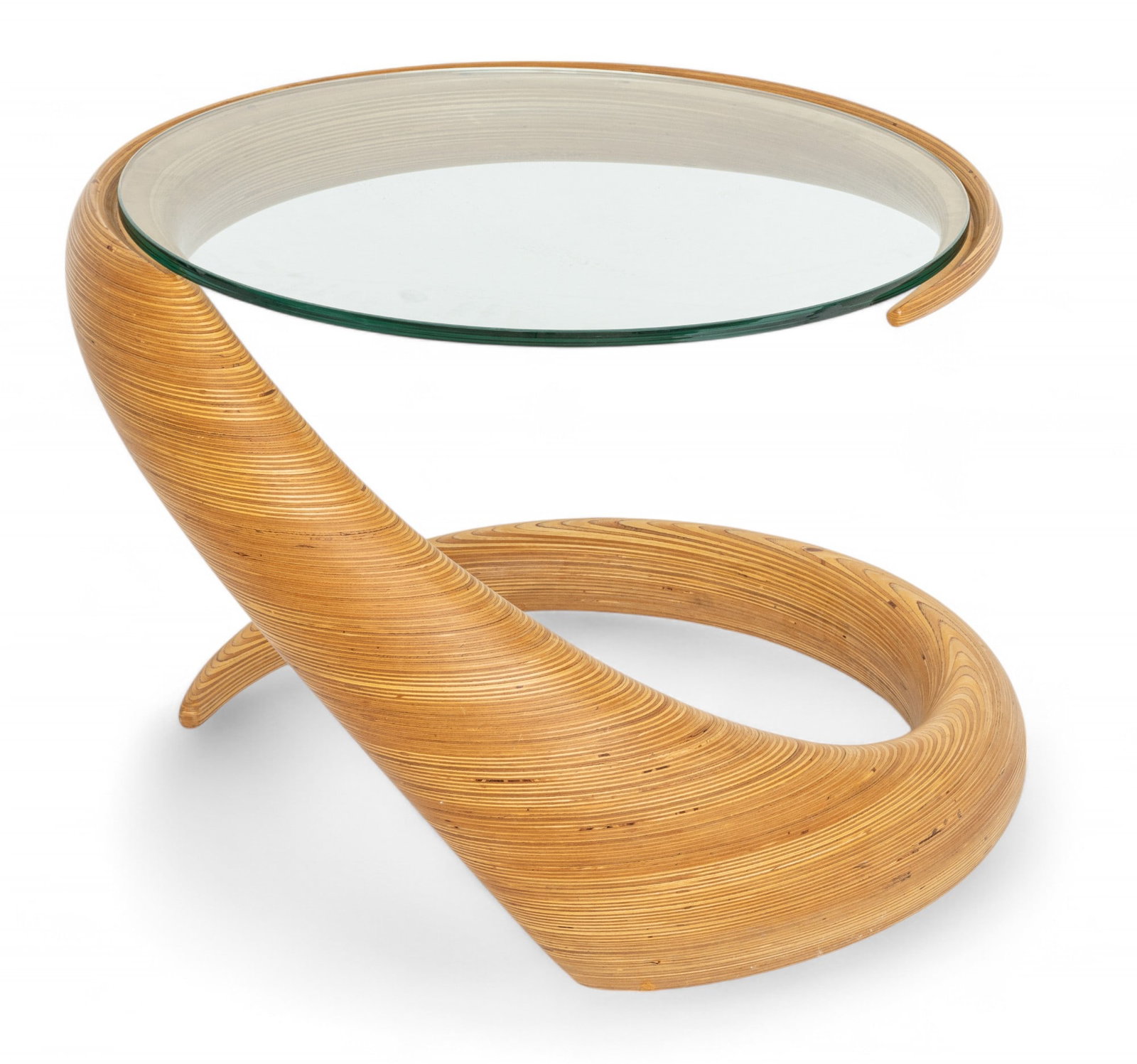 Rock Cross (American/Hawaiian, 20th C.) Laminated Wood 'Spiral' Table, 1985, H 18.5" Dia. 26": Rock Cross (American/Hawaiian, 20th C.) Laminated Wood 'Spiral' Table, 1985, H 18.5" Dia. 26" | Signed and dated on the underside "Rock Cross 85". Stacked laminated wood sculpted in a fluid spiral for