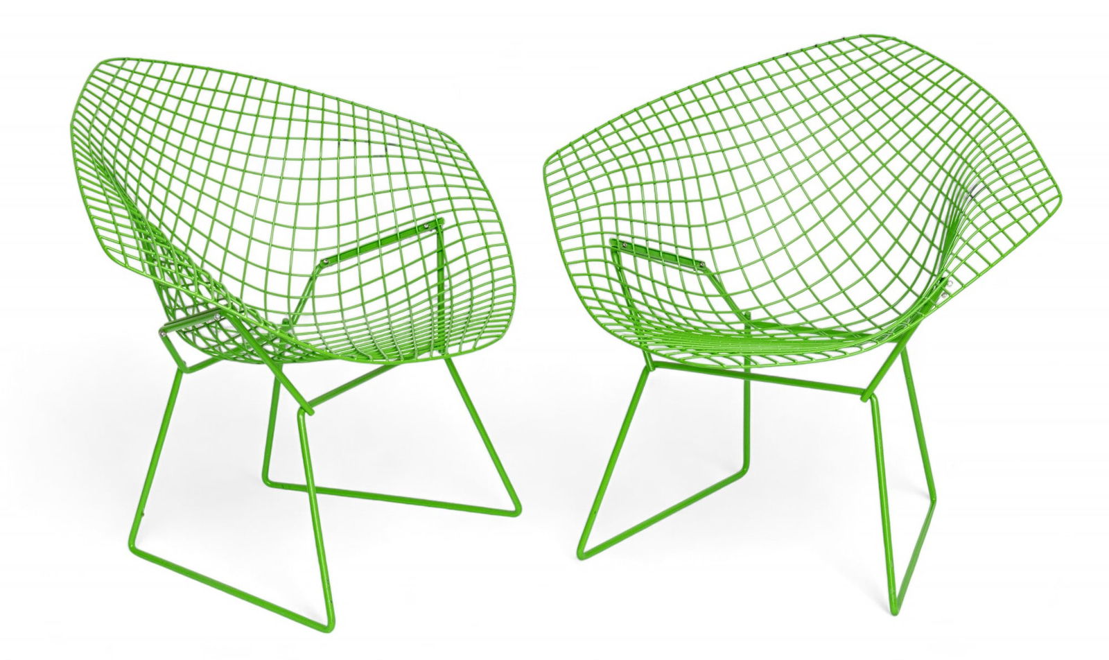 Harry Bertoia (American, 1915-1978) for Knoll Diamond Chairs H 29.5" W 33.5" Depth 27" 1 Pair: Harry Bertoia (American, 1915-1978) for Knoll Diamond Chairs H 29.5" W 33.5" Depth 27" 1 Pair | Wire frame construction in a diamond pattern. Painted a pleasant light green. Provenance: Property from