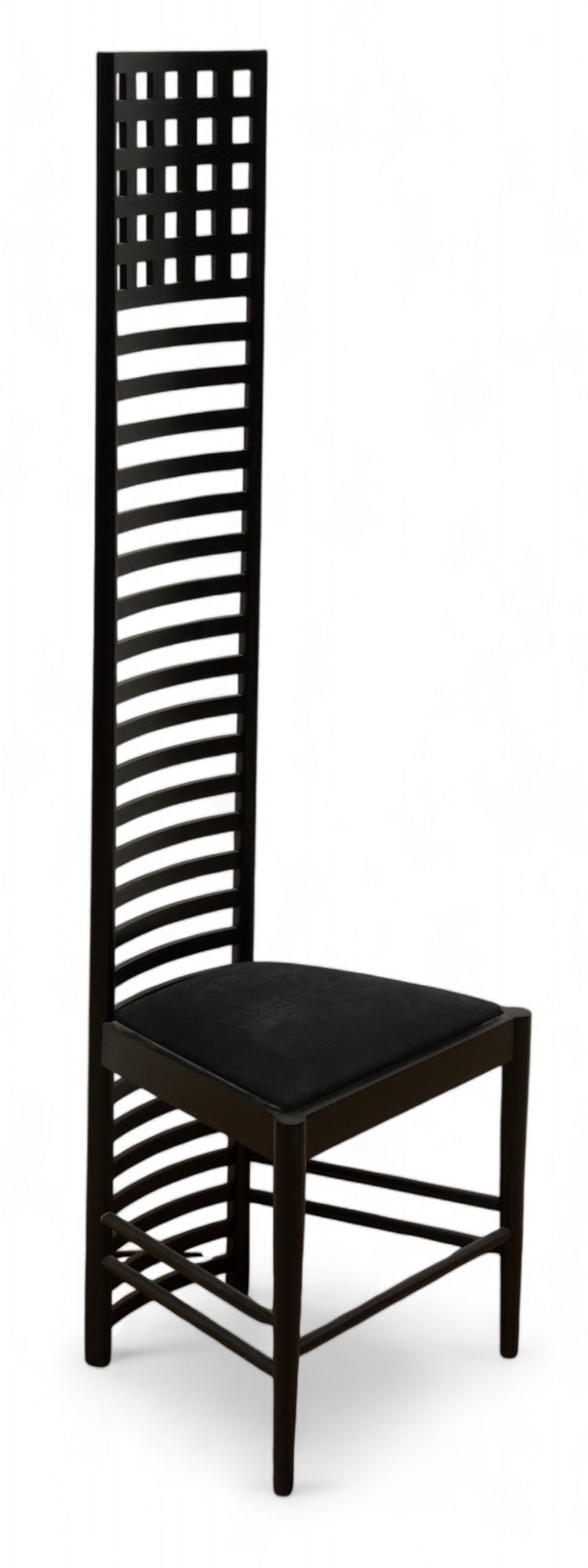 Charles Rennie Mackintosh for Cassina (Scottish, 1868-1928) Hill House Chair, Ca. 1980s, H 55" W: Charles Rennie Mackintosh for Cassina (Scottish, 1868-1928) Hill House Chair, Ca. 1980s, H 55" W 16.5" Depth 14.5" | Black lacquered wood frame with a ladder-back design. Black upholstered seat cushio