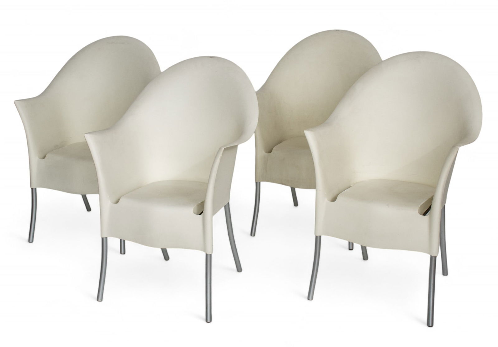 Philippe Starck for Driade (Italian, Est. 1968) 'Lord Yo' Polypropylene And Aluminum Stacking: Philippe Starck for Driade (Italian, Est. 1968) 'Lord Yo' Polypropylene And Aluminum Stacking Easychairs, H 37" W 24" Depth 23" 4 pcs | White molded polypropylene shell above aluminum legs. Provenance