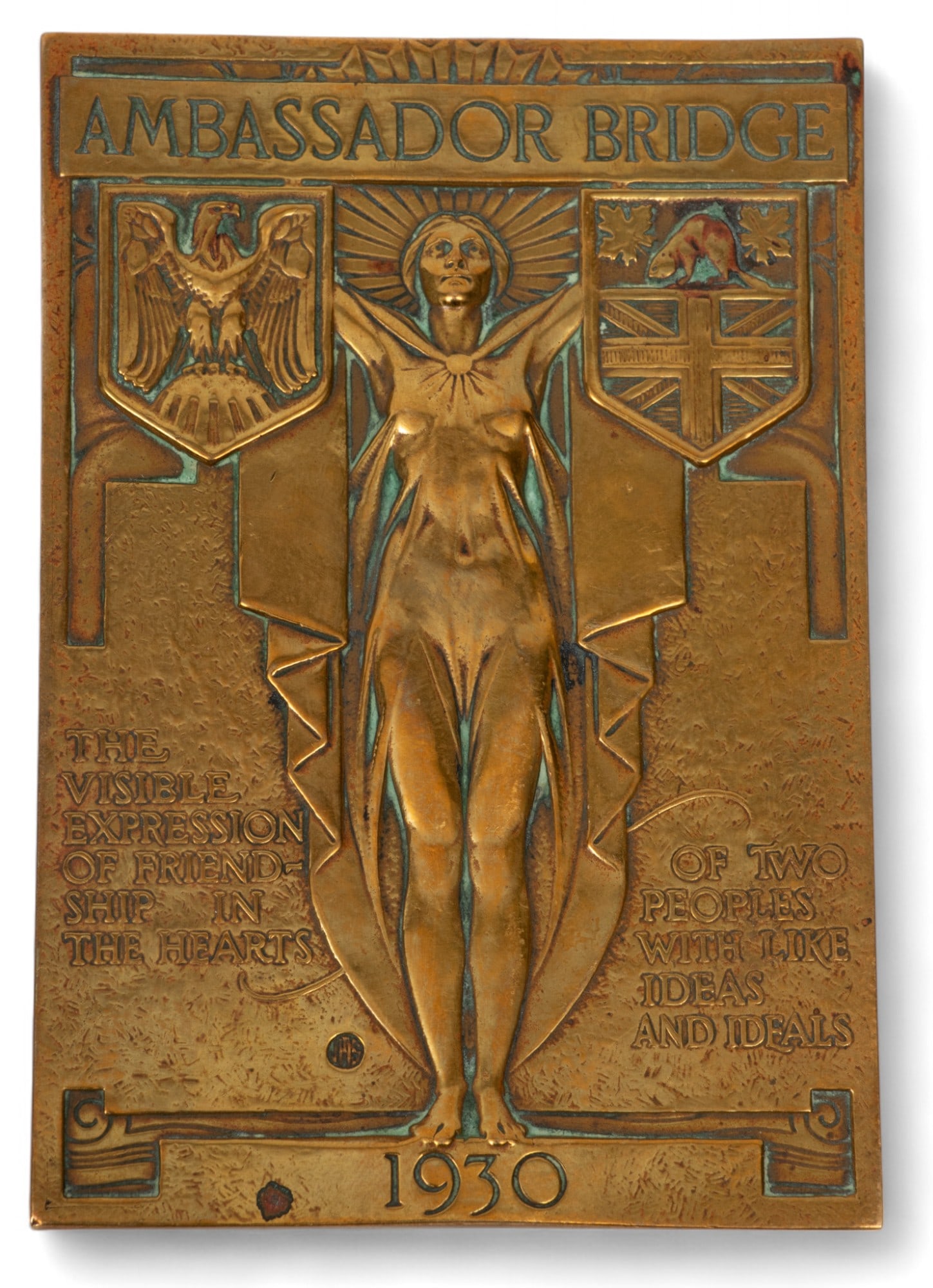 Jonathan M. Swanson (American, 1888-63) Bronze Ambassador Bridge Commemorative Paperweight, 1930, H (1 of 2)