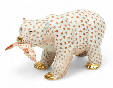 Herend Porcelain Manufactory (Hungarian) Brown Fishnet Porcelain Grizzly Bear Figurine, H 5" W 3.5": Herend Porcelain Manufactory (Hungarian) Brown Fishnet Porcelain Grizzly Bear Figurine, H 5" W 3.5" Depth 9.25" | the grizzly bear rendered in brown fishnet having a red fishnet salmon clenched in its