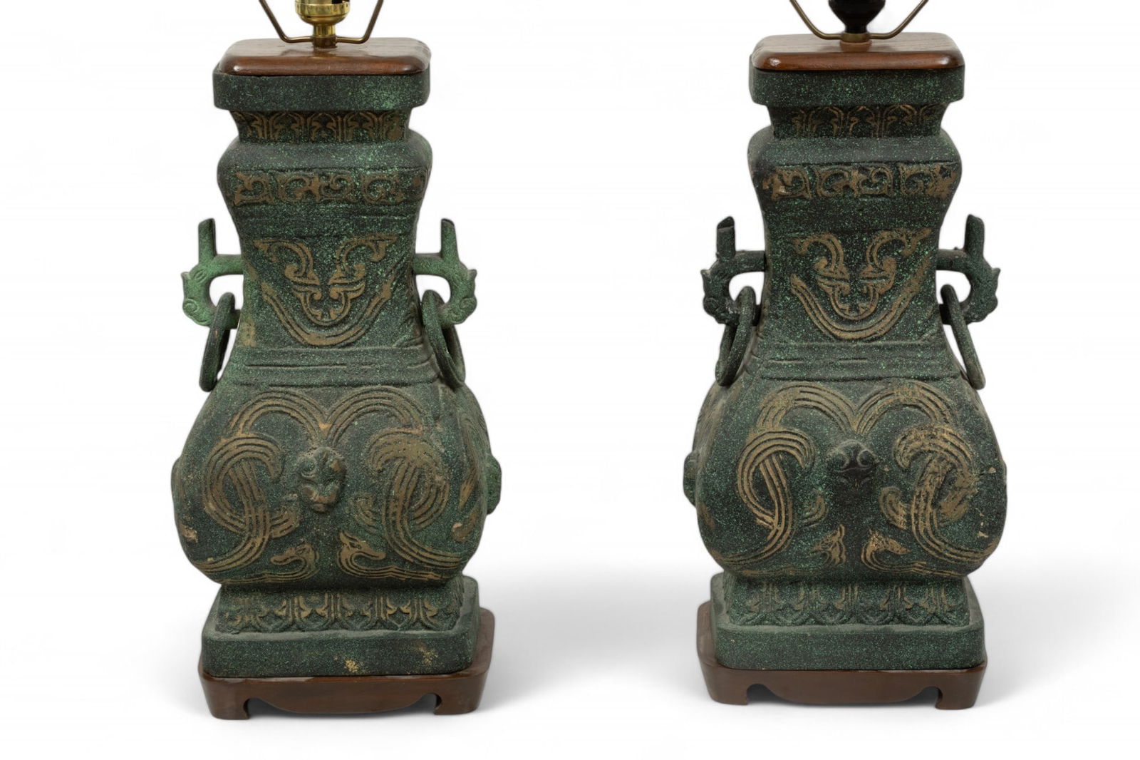 James Mont (American) Archaic Style Patinated Bronze Table Lamps, H 29" W 20" Depth 15" 1 Pair (1 of 5)