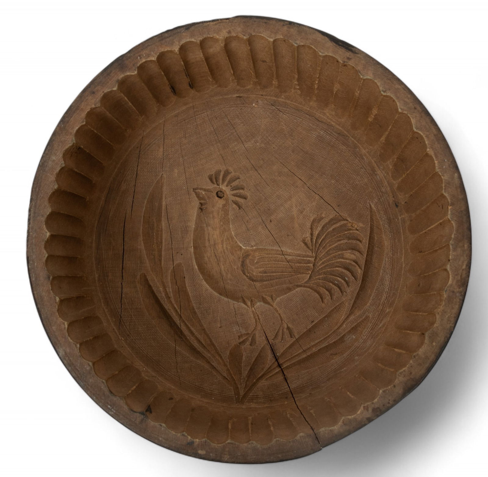 American Primitive Carved Pine Butter Mold, Rooster Motif, Ca. 1850, H 3.25" Dia. 5.25" (1 of 2)