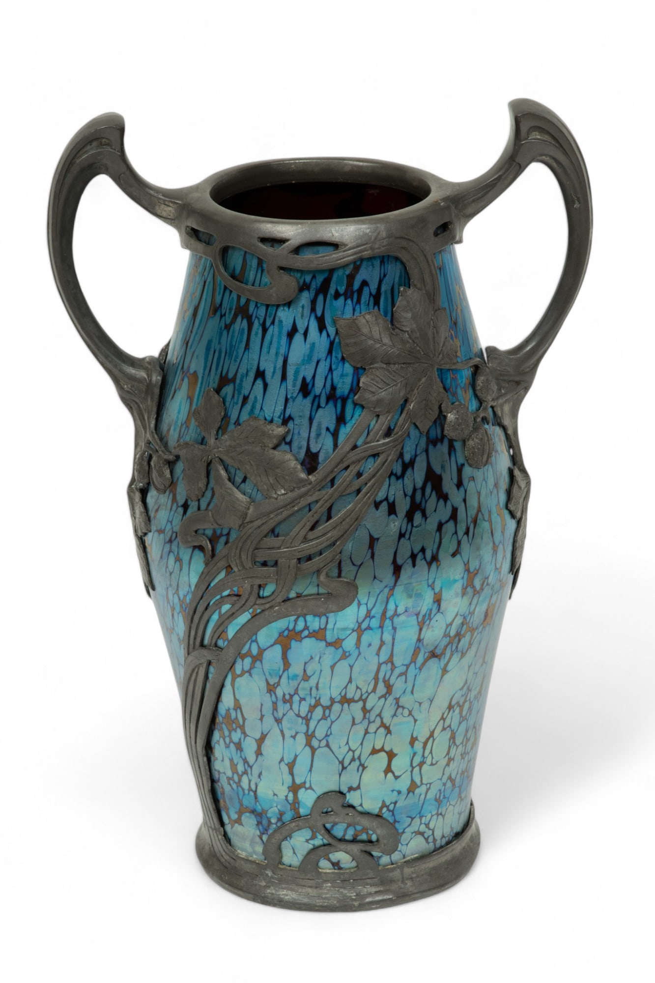Loetz (Austrian) Art Nouveau Pewter Mounted Papillon Rubin Glass Vase, 1898, H 10.25" W 7" Depth 5" (1 of 5)