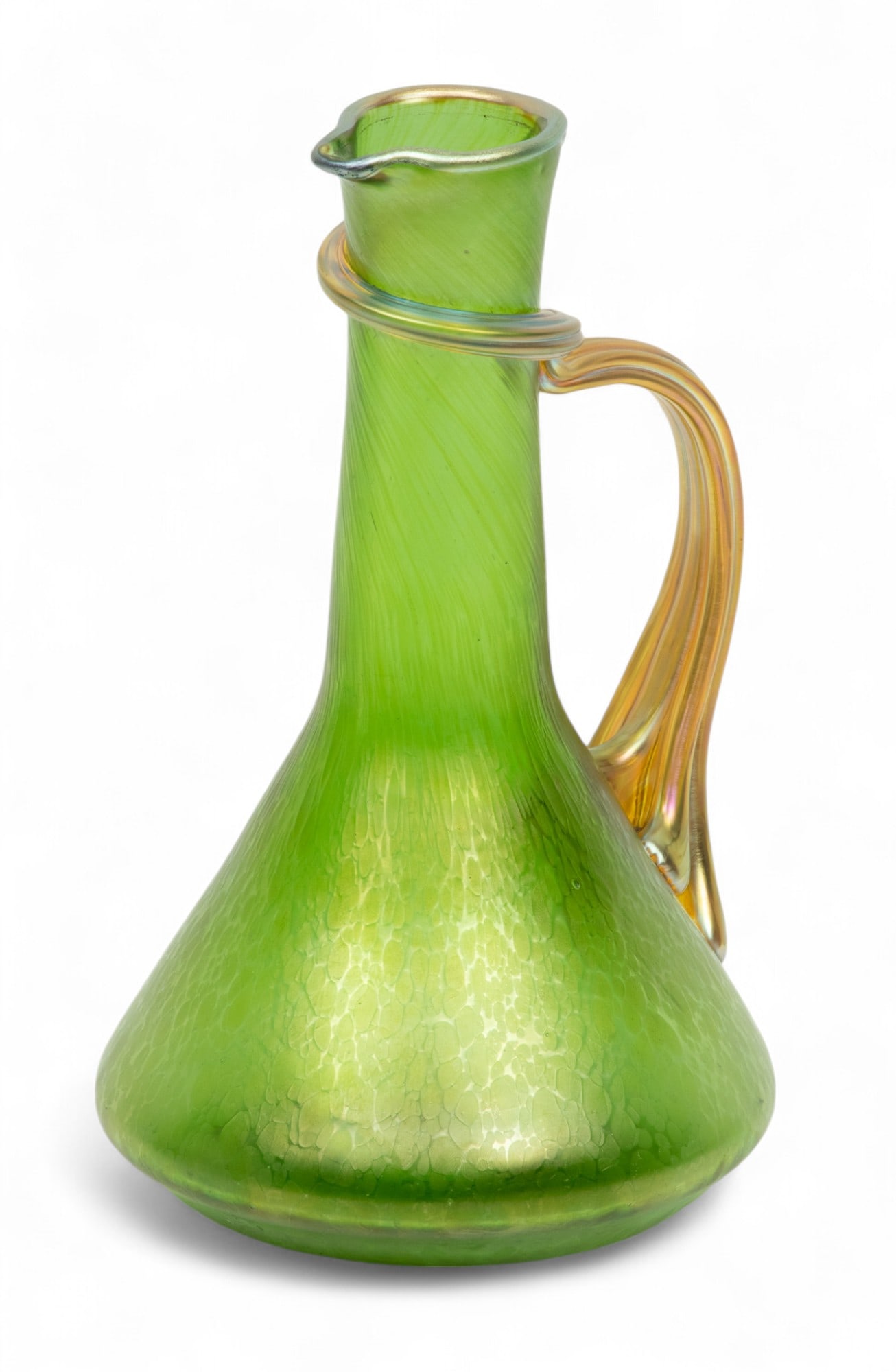 Loetz (Austrian) Diana Ciselé Crete Glass with Silberiris Pitcher, 1898, H 7.5" W 4.5" Depth: Loetz (Austrian) Diana Ciselé Crete Glass with Silberiris Pitcher, 1898, H 7.5" W 4.5" Depth 4.75" | the pitcher having a green crete glass base with silberiris handle swirled along the bottlenec