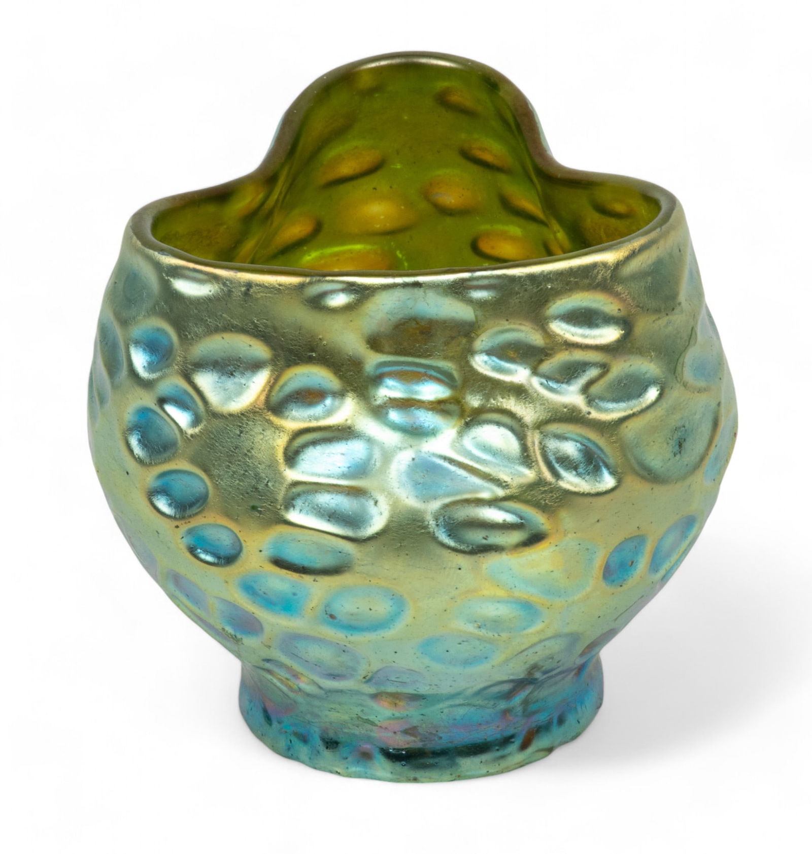 Loetz (Austrian) Diaspora Art Glass Bud Vase, Ca. 1900, H 3" W 3" Depth 2.75": Loetz (Austrian) Diaspora Art Glass Bud Vase, Ca. 1900, H 3" W 3" Depth 2.75" | Aqua blue ground with gold and silver iridescence. Unsigned. Provenance: Property from the collection of Norman and Mela