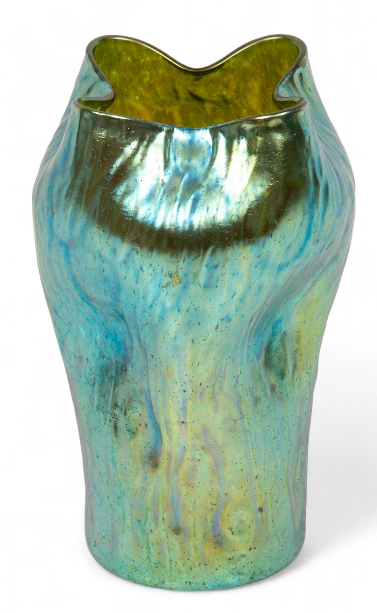 Loetz (Austrian) Rusticana Crete Glass with Silbiriris Vase, Ca. 1899, H 7" Dia. 4": Loetz (Austrian) Rusticana Crete Glass with Silbiriris Vase, Ca. 1899, H 7" Dia. 4" | the vase having a crete glass ground with a silberiris finish, giving an intense petrol luster. Having a tree bark