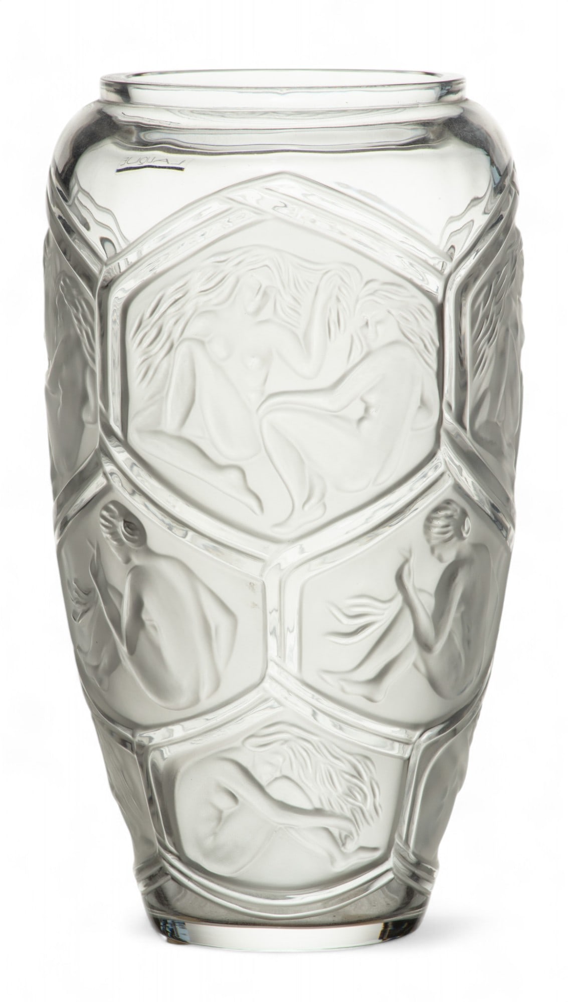 Lalique (French) 'Hesperides' Frosted Crystal Vase, H 9.25" Dia. 5" (1 of 5)