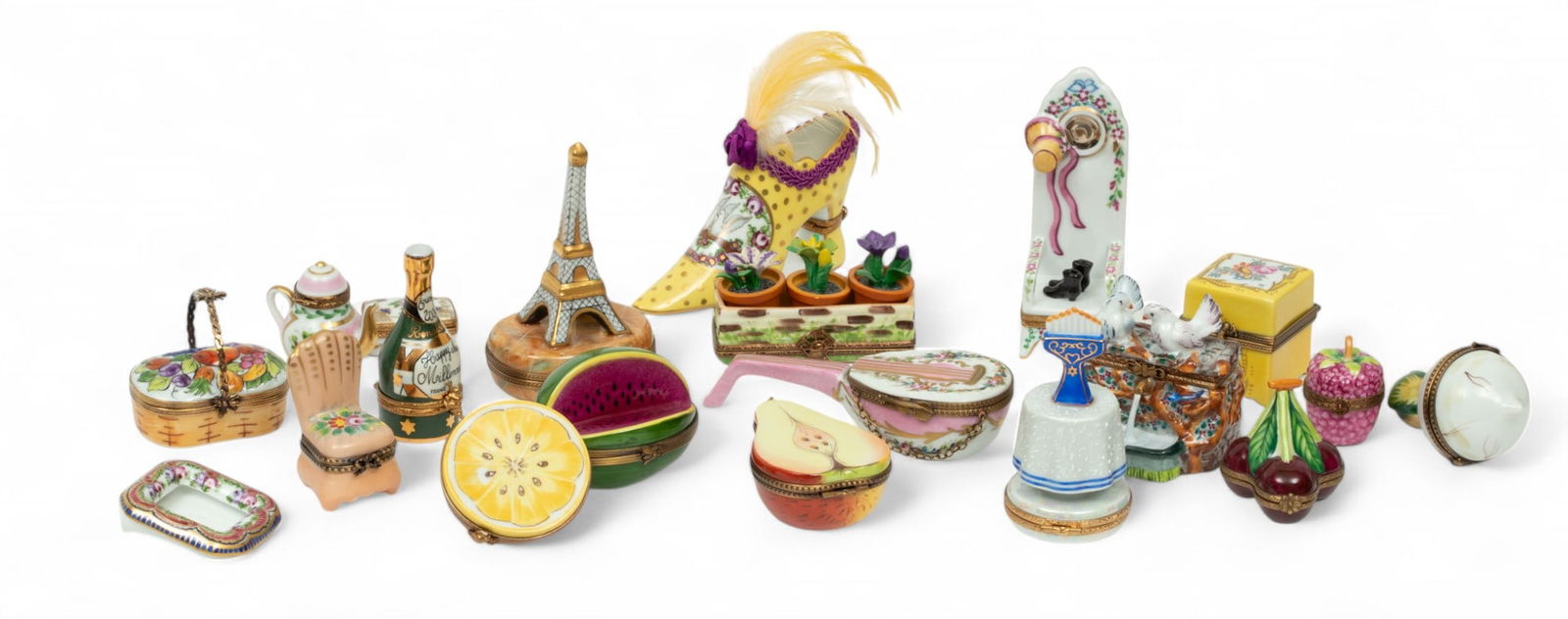 Limoges (France) Peint Main Painted Porcelain Boxes, 20th C., H 3.5" W 1.5" Depth 4" 20 pcs (1 of 6)