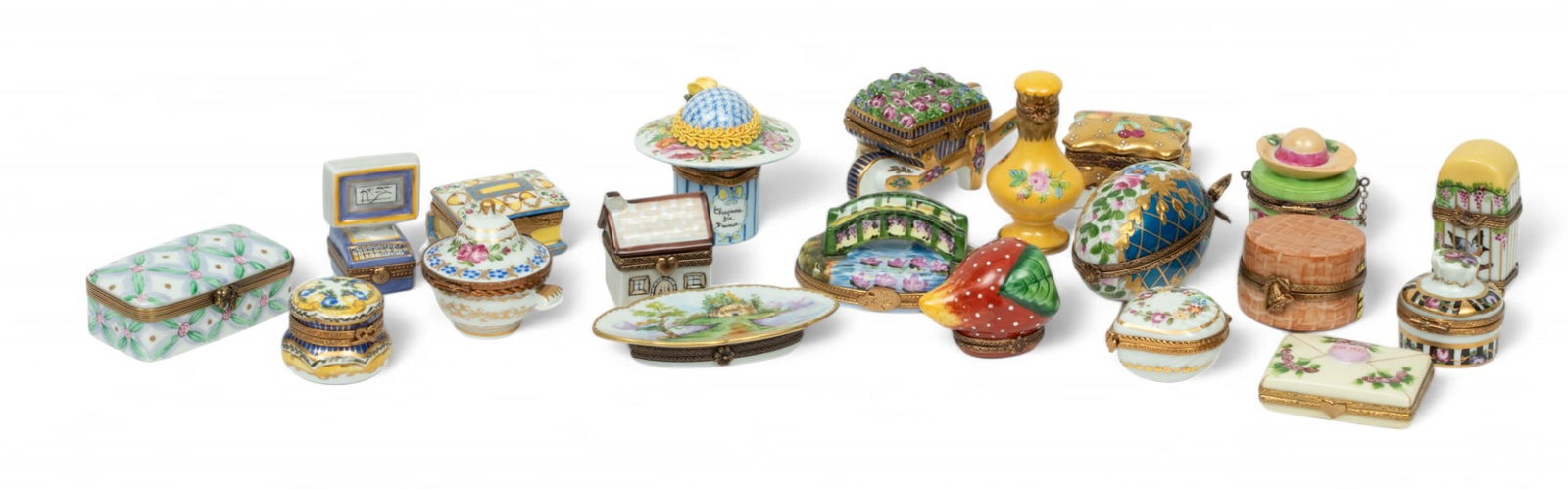 Limoges (France) Peint Main Painted Porcelain Boxes, 20th C., H 2.25" Dia. 2.5" 20 pcs (1 of 7)