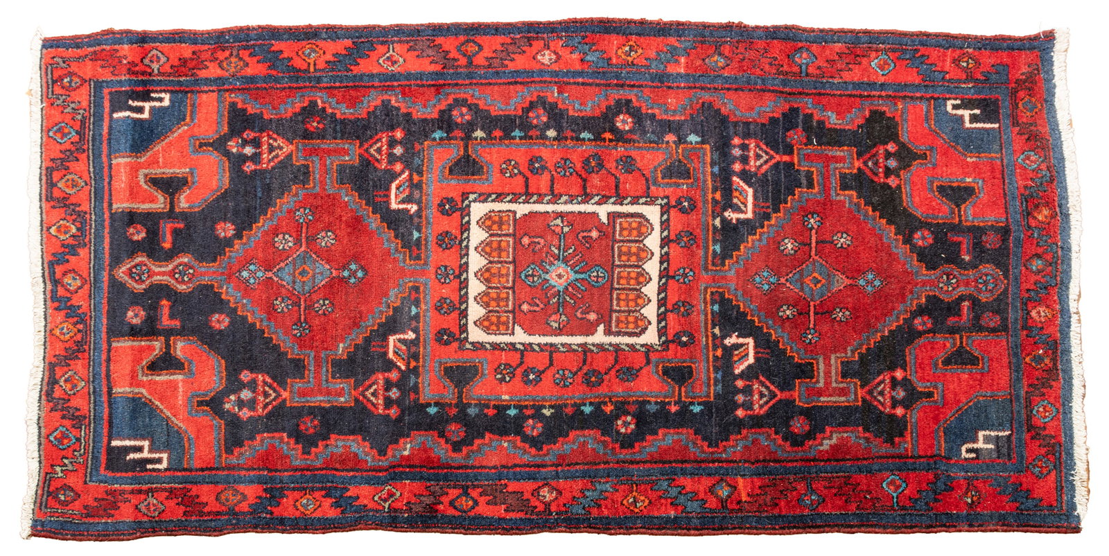 Hamadan Design Woven Rug Late 20th C., W 4' L 7' 6'': Hamadan Design Woven Rug Late 20th C., W 4' L 7' 6'' | Indigo ground with bold geometric design. Provenance: Property from an Indianapolis, IN private collector.