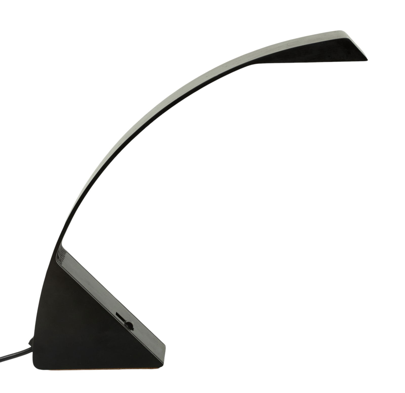 Marco Zotta for Cil Roma 'Arcobaleno' Desk Lamp, Ca. 1980s, H 15.5" W 3.5" L 16": Marco Zotta for Cil Roma 'Arcobaleno' Desk Lamp, Ca. 1980s, H 15.5" W 3.5" L 16" | Black lacquered aluminium in an arch form. Toggle switch with two levels of brightness. Single halogen bulb. Designer