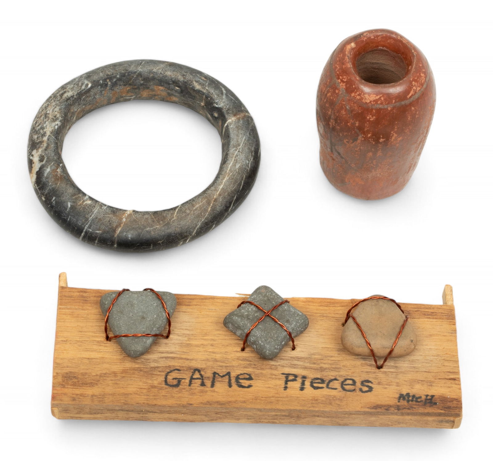 American Indian Carved Stone Grouping "Bannerstone, Game Pieces, Bracelet.", 5 pcs (1 of 2)