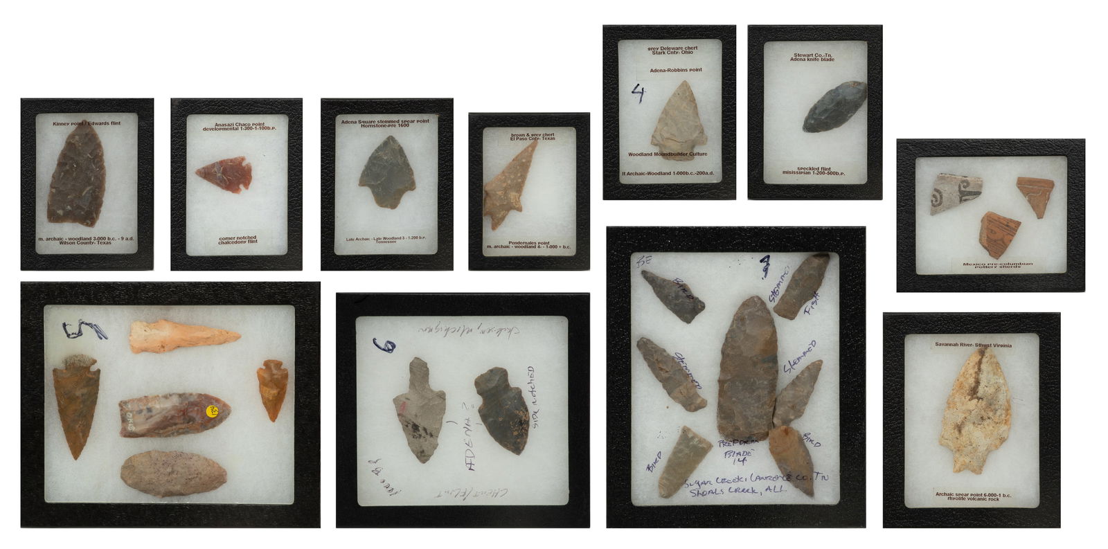American Indian Stone Points, Pottery Shard Grouping, 24 pcs (11 Cases) (1 of 12)