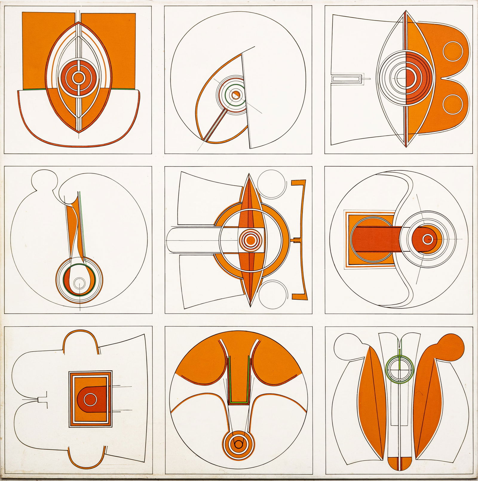 Takeshi Kawashima (Japanese, B. 1930) Acrylic on Canvas Ca. 1967, H 55" W 55": Takeshi Kawashima (Japanese, B. 1930) Acrylic on Canvas Ca. 1967, H 55" W 55" | Signed and dated on the verso "1967 - N.Y. 98 Kawashima". White field with forms in nine squares. Stretched canvas, unfr