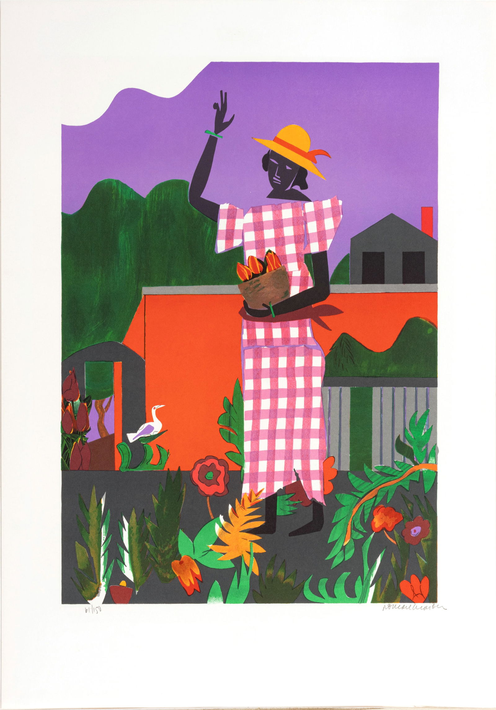 Romare Bearden (American, 1911-1988) Lithograph in Colors on Wove Paper, 1980, "Girl in the Garden", (1 of 7)