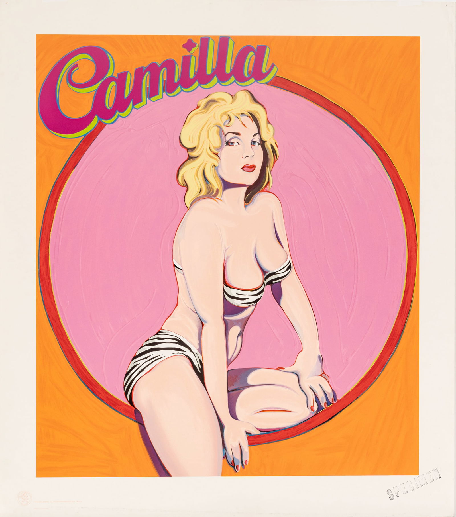 Mel Ramos (American, 1935-2018) Screenprint in Colors on Wove Paper, Ca. 1989, "Camilla", H 36.5" W: Mel Ramos (American, 1935-2018) Screenprint in Colors on Wove Paper, Ca. 1989, "Camilla", H 36.5" W 32" | with the artists copyright inkstamp in the lower left margin, published by Robert Bane Ltd., L