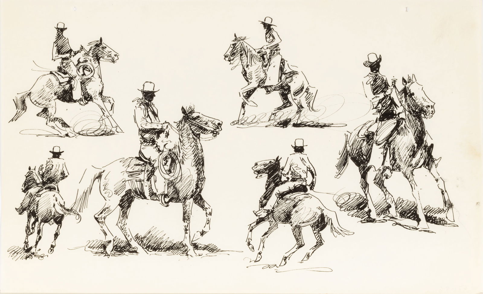 Edward Borein (American, 1872-1945) Ink on Paper "Cowboy on Horseback", H 8.5" W 14" (1 of 8)