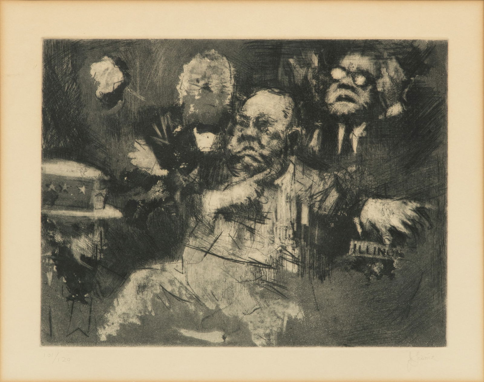 Jack Levine (American, 1915-2010) Etching on Paper, Ca. 1969, "Mayor Daley at the Chicago: Jack Levine (American, 1915-2010) Etching on Paper, Ca. 1969, "Mayor Daley at the Chicago Convention", H 8.75" W 12" | Pencil signed in the lower right. Edition 101/120 in the lower left. Depicting Ma