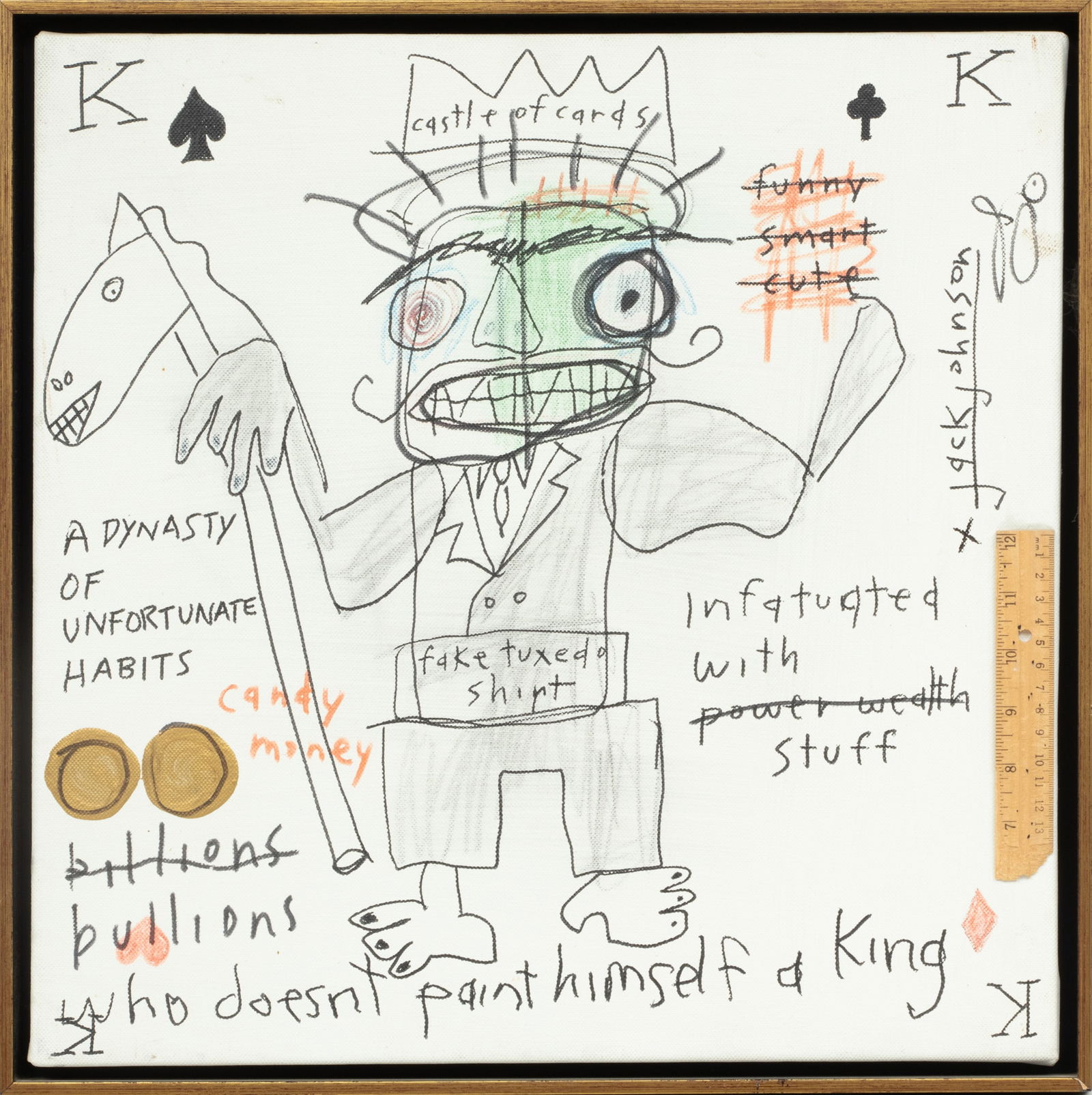 Jack Johnson (American/Detroit, B. 1955) Oil on Canvas, Who Doesn't Paint Himself a King, H 18" W: Jack Johnson (American/Detroit, B. 1955) Oil on Canvas, Who Doesn't Paint Himself a King, H 18" W 18" | Signed at the right edge. Composition of a playing card with a central figure wearing a crown wi