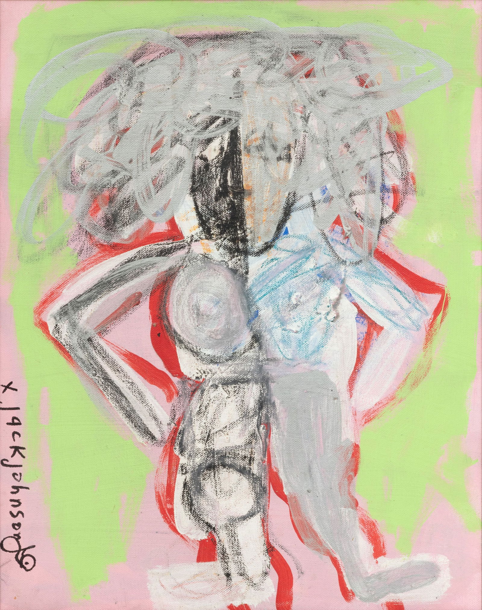 Jack Johnson (American/Detroit, B. 1955) Oil on Canvas, 1990, "Portrait of a Woman", H 20" W 16": Jack Johnson (American/Detroit, B. 1955) Oil on Canvas, 1990, "Portrait of a Woman", H 20" W 16" | Signed in the lower left. Abstract portrait of a standing female figure. Jack Johnson was born in a o