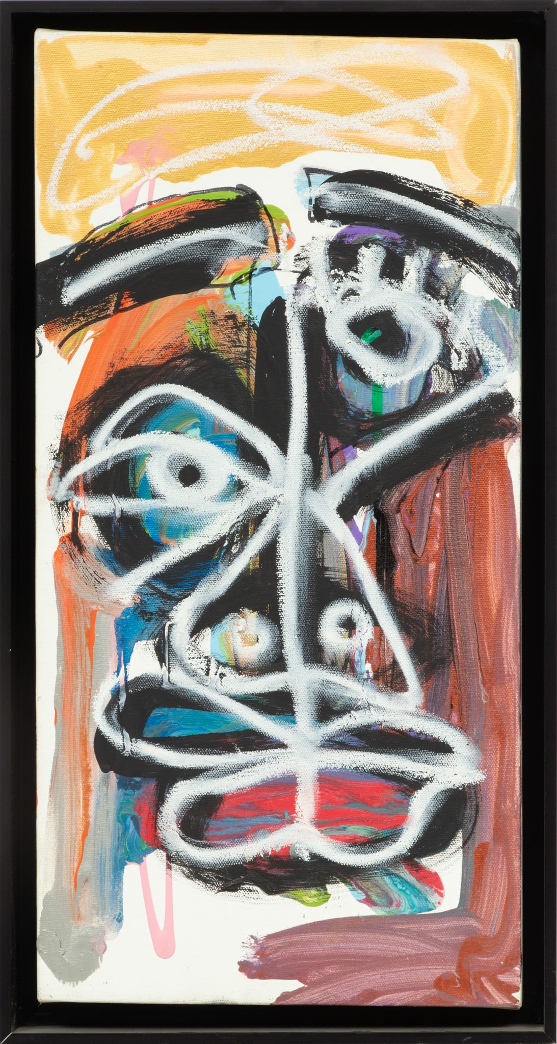 Jack Johnson (American/Detroit, B. 1955) Oil on Canvas, Portrait, H 20" W 10": Jack Johnson (American/Detroit, B. 1955) Oil on Canvas, Portrait, H 20" W 10" | Signed at the left edge (wrapped around the stretcher). Abstract portrait. Frame dimensions: H 21.5, W 11.5". Jack Johns